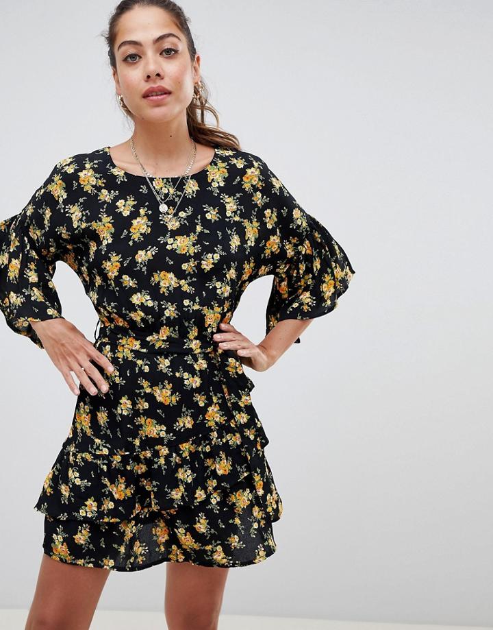 Miss Selfridge Tea Dress With Ruffle Sleeves In Floral Print - Multi