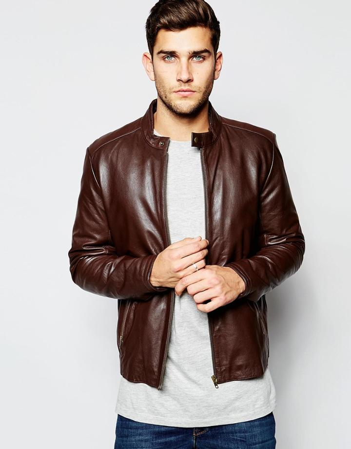 Asos Leather Racing Biker Jacket In Brown - Brown