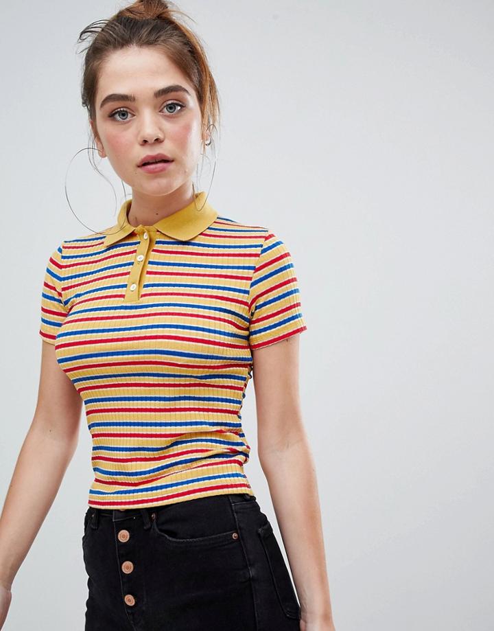 Bershka Button Front Collar Striped Ribbed T Shirt - Yellow