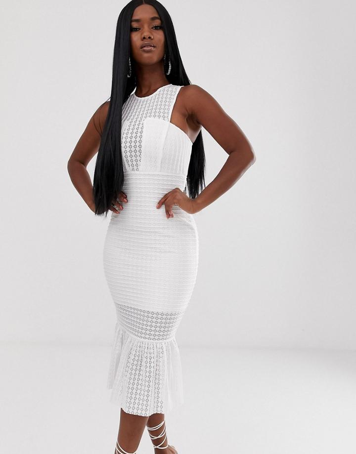 Asos Design Drop Stitch Pep Hem Bodycon Midi Dress-white