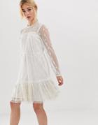 Needle & Thread Embroidered Midi Smock Dress With Tie Waist In Ivory-white