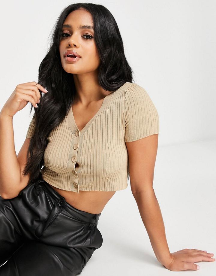 Love & Other Things Cropped Short Sleeve Cardigan In Camel-neutral