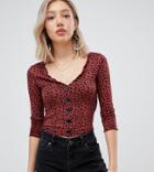 Asos Design Petite Button Front Top With Long Sleeve In Leopard Animal Print-multi