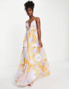Asos Design Button Through Tiered Lace Trim Maxi Dress In Floral Print-multi