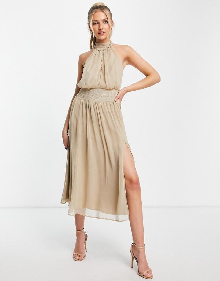 Asos Design High Neck Soft Midi Dress With Shirred Waist Detail In Stone-multi