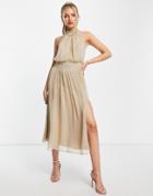 Asos Design High Neck Soft Midi Dress With Shirred Waist Detail In Stone-multi