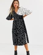 Asos Design Copenhagen Embroidered Wrap Midi Dress With Puff Sleeves And Grosgrain Ties-multi