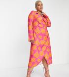 Asos Design Curve 70s Drape Front Wrap Midi Dress In Orange With Pink Floral-multi
