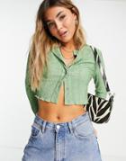 Topshop Crinkle Button Through Cropped Cardigan In Green