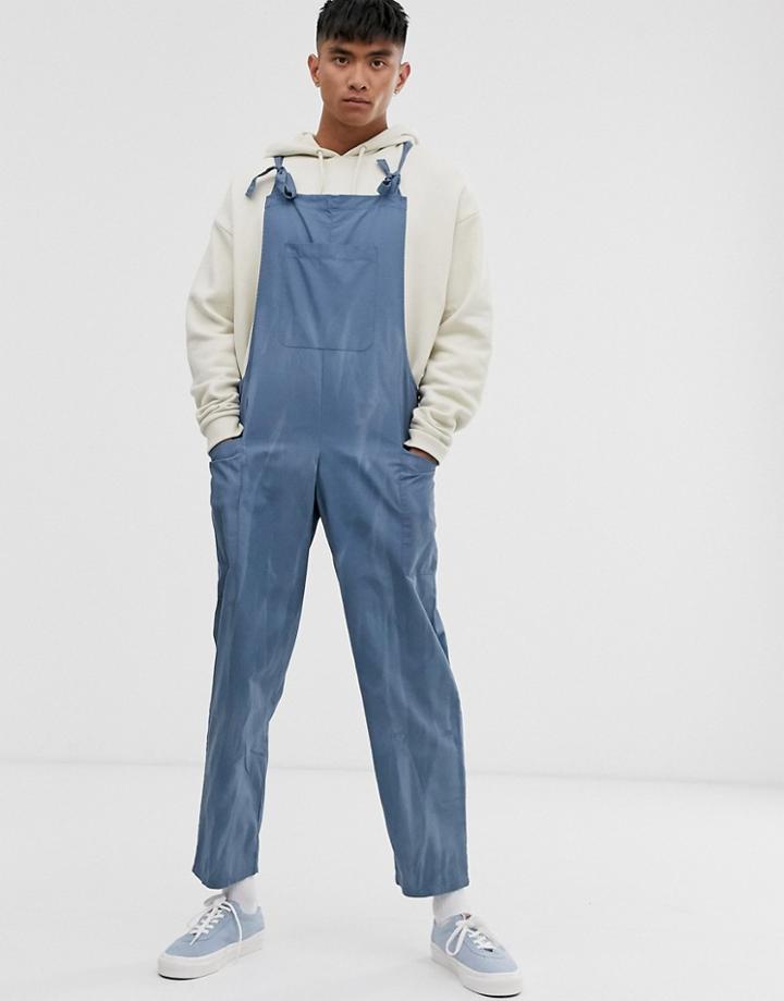 Asos Design Relaxed Overalls In Washed Blue Abstract Print - Blue