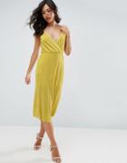 Asos Cami Dress With Wrap Front In Plisse - Yellow