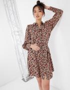 Vero Moda Mini Shirt Dress With Belted Waist And Balloon Sleeve In Red Floral-multi
