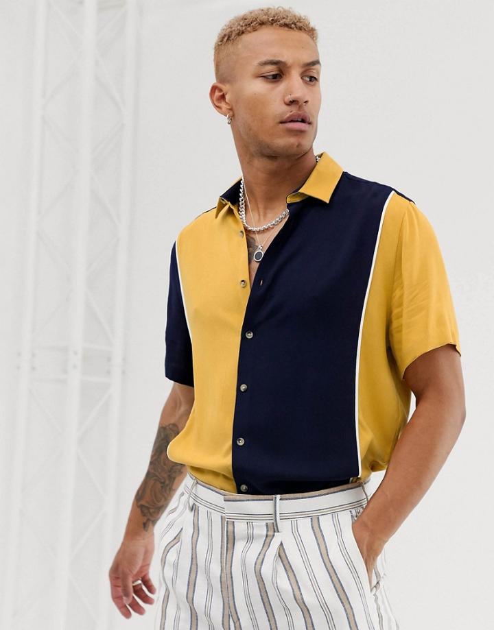 Asos Design Relaxed Fit Cut & Sew Color Block Shirt In Navy & Mustard - Navy