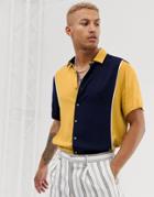 Asos Design Relaxed Fit Cut & Sew Color Block Shirt In Navy & Mustard - Navy