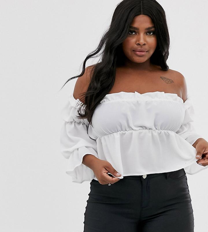 John Zack Plus Ruffle Off Shoulder Top In Cream
