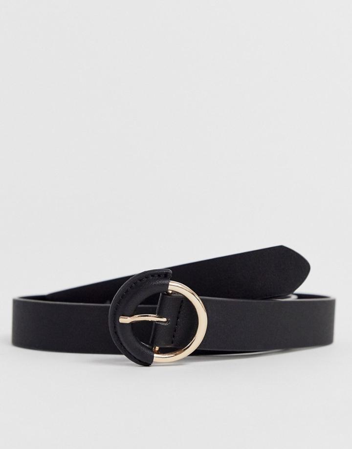 Asos Design Faux Leather Slim Belt In Black With Gold And Black Circle Buckle - Black