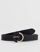 Asos Design Faux Leather Slim Belt In Black With Gold And Black Circle Buckle - Black