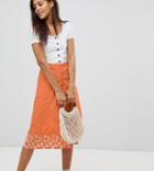 Asos Design Tall Polka Dot Print Midi Skirt With Embroidered Hem - Orange