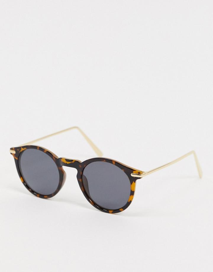 Asos Design Round Sunglasses With Metal Arms In Tort With Polarised Lens-brown
