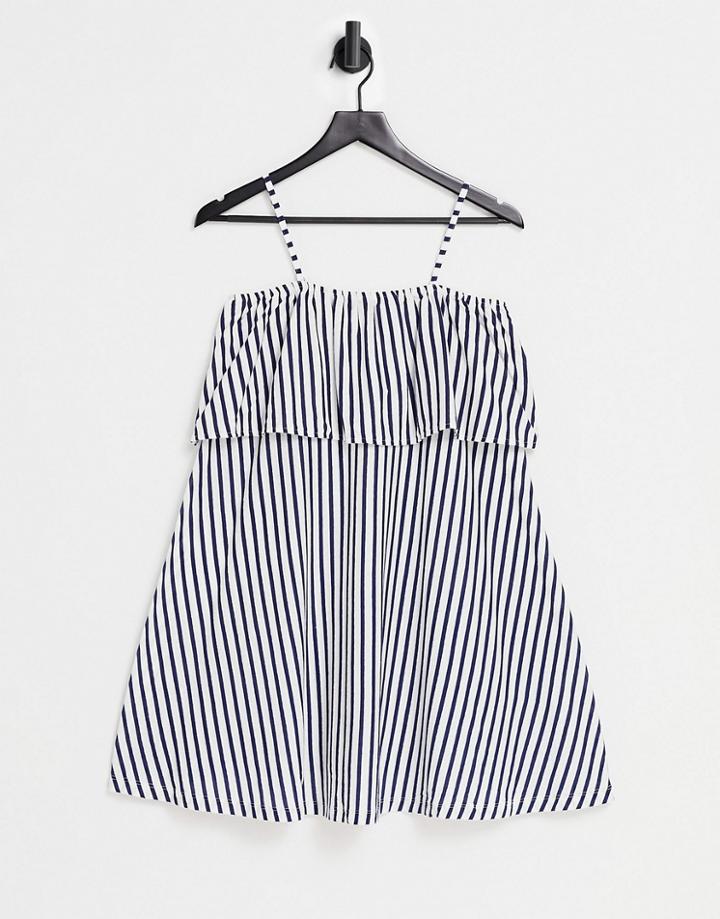 Asos Design Square Neck Sundress With Overlayer Frill In Navy And White Stripe