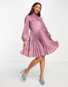 Closet London High Neck Pleated Mini Dress In Blue Animal Spot-multi