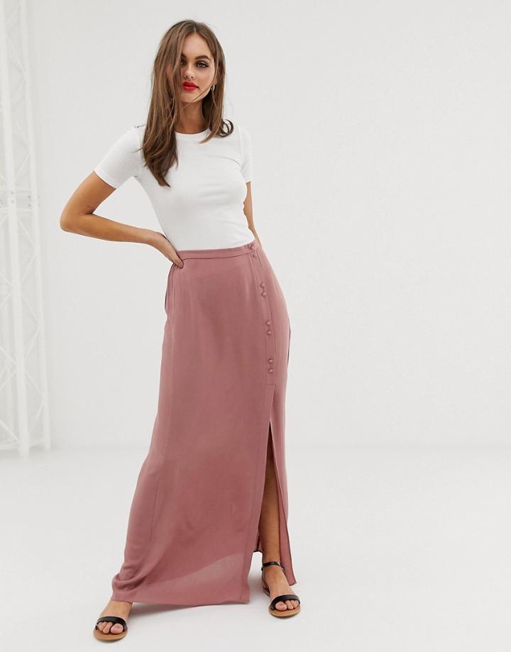Asos Design Crinkle Maxi Skirt With Self Covered Buttons - Pink