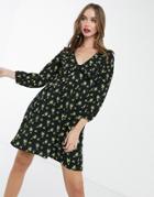 Asos Design Mini Smock Dress With Collar In Black And Yellow Floral