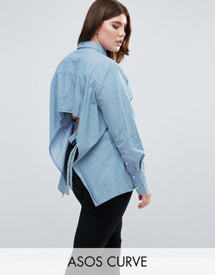 Asos Curve Stripe Shirt With Long Cuff And Open Back - Blue