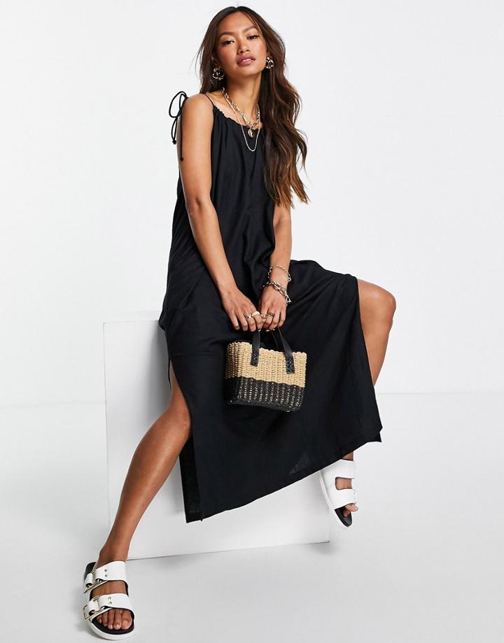 Mango Tie Detail Midi Dress With Slit In Black