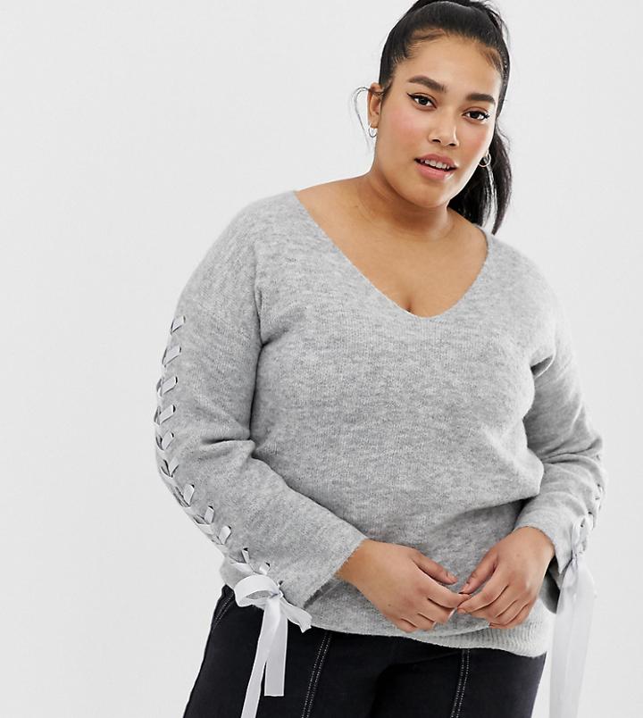 Koko Ribbon Tie Sleeve Sweater - Gray