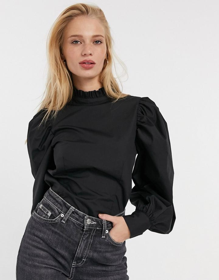 Asos Design Long Sleeve Cotton Top With Frill Neck-black