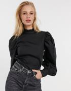 Asos Design Long Sleeve Cotton Top With Frill Neck-black