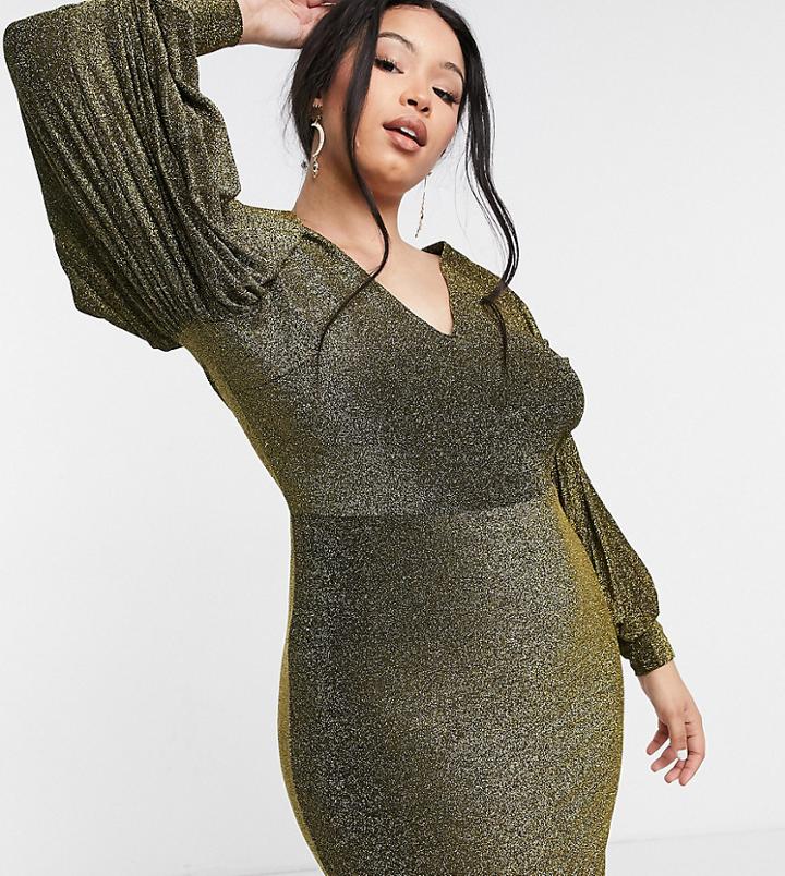 Simply Be Glitter Knitted Body-conscious Dress With Pleated Sleeve In Gold
