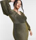Simply Be Glitter Knitted Body-conscious Dress With Pleated Sleeve In Gold
