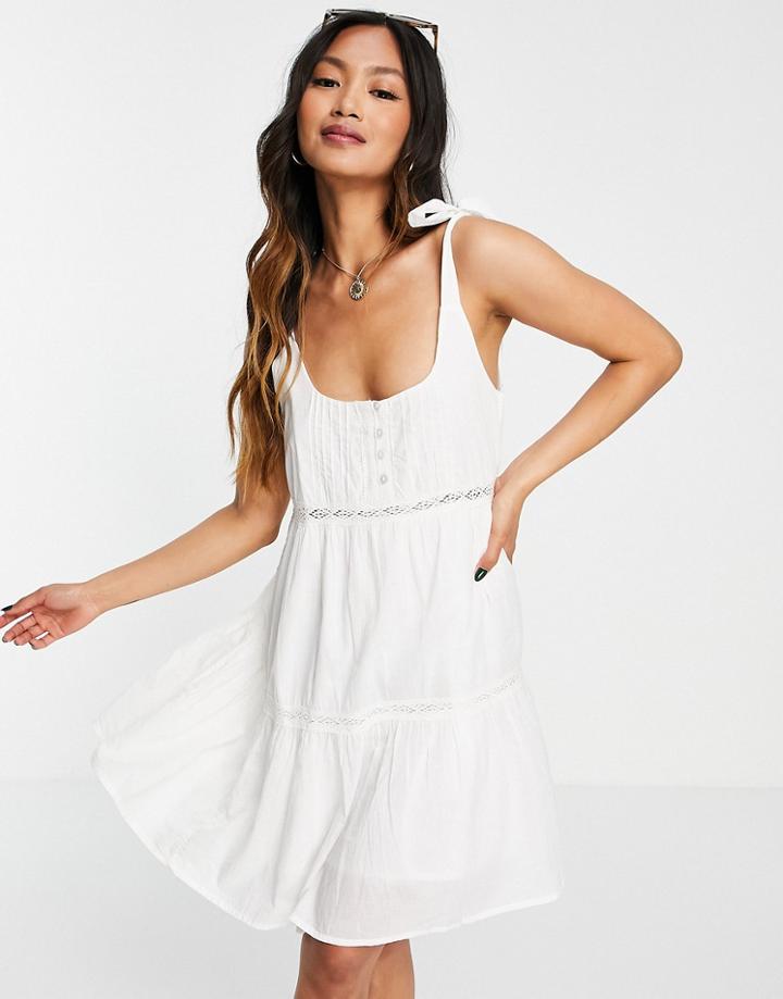 Asos Design Tie Shoulder Lace Insert Smock Mini Sundress In White