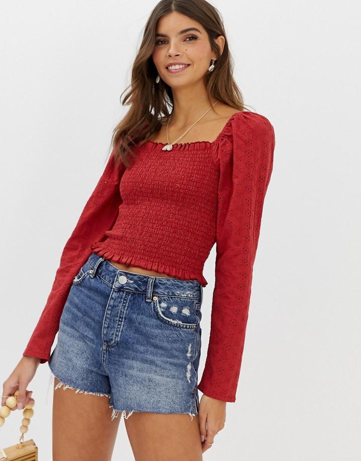 Asos Design Long Sleeve Square Neck Top In Broderie With Shirring - Orange