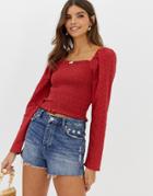 Asos Design Long Sleeve Square Neck Top In Broderie With Shirring - Orange