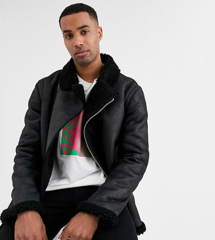 Asos Design Tall Faux Shearling Biker Jacket With Fleece Lining In Black