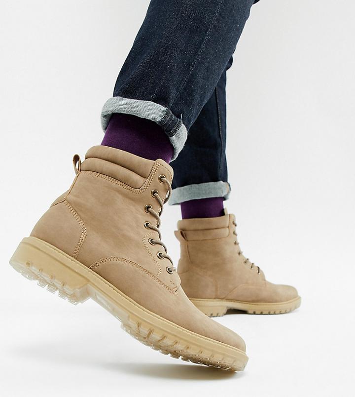 Asos Design Lace Up Worker Boots In Stone Faux Suede With Transparent Cleated Sole - Stone