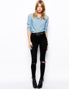 Asos Ridley Skinny Jeans In Clean Black With Busted Knees - Black