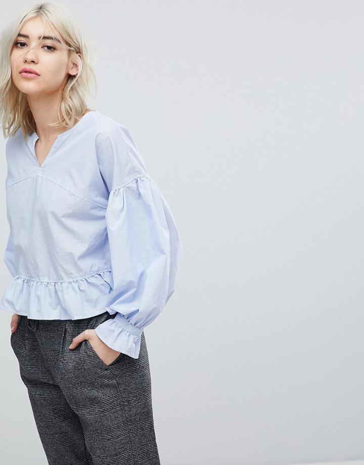 Only Dobby Spot Woven Top With Ruffle Hem - Blue