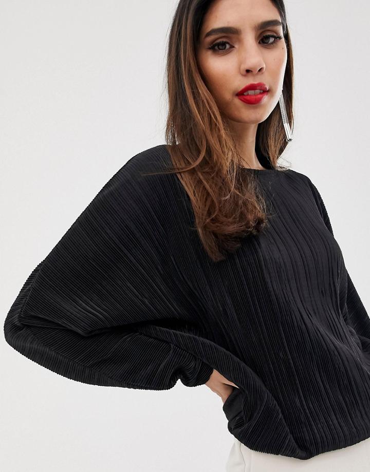 Asos Design Plisse Top With Batwing Sleeve-black