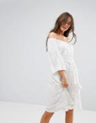 Traffic People 3/4 Sleeve Belted Lace Dress - White
