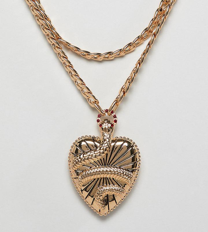 Asos Design Curve Statement Multirow Necklace With Vintage Style Snake Locket In Gold - Gold