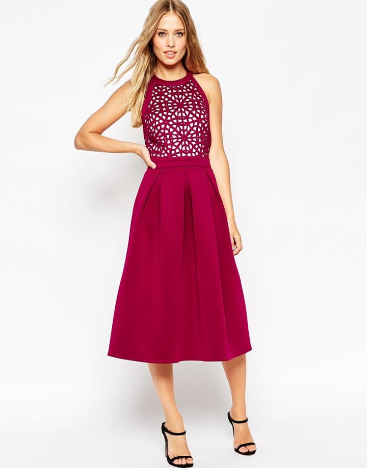 Asos Premium Cutwork Full Midi Scuba Skater Dress - Berry