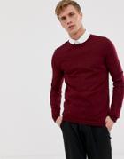 Asos Design Muscle Fit Merino Wool Sweater In Burgundy