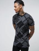 Asos Longline T-shirt With All Over Bandana Print And Side Zips - Black