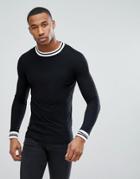 Asos Muscle Fit Long Sleeve T-shirt With Contrast Tipping In Pique - Black