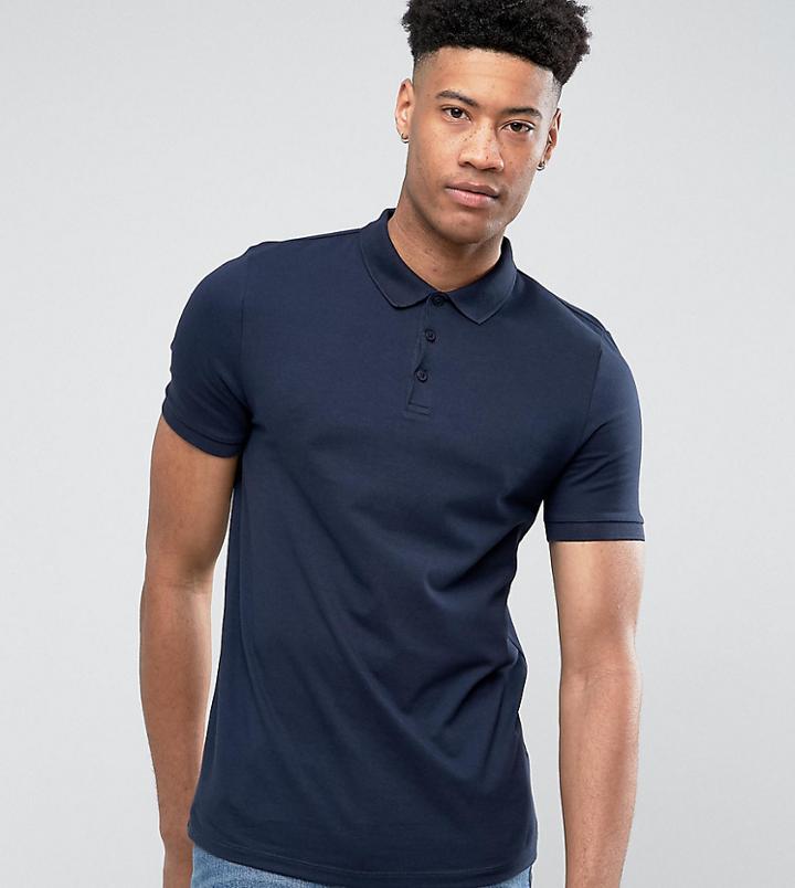Asos Design Tall Jersey Polo In Navy - Navy