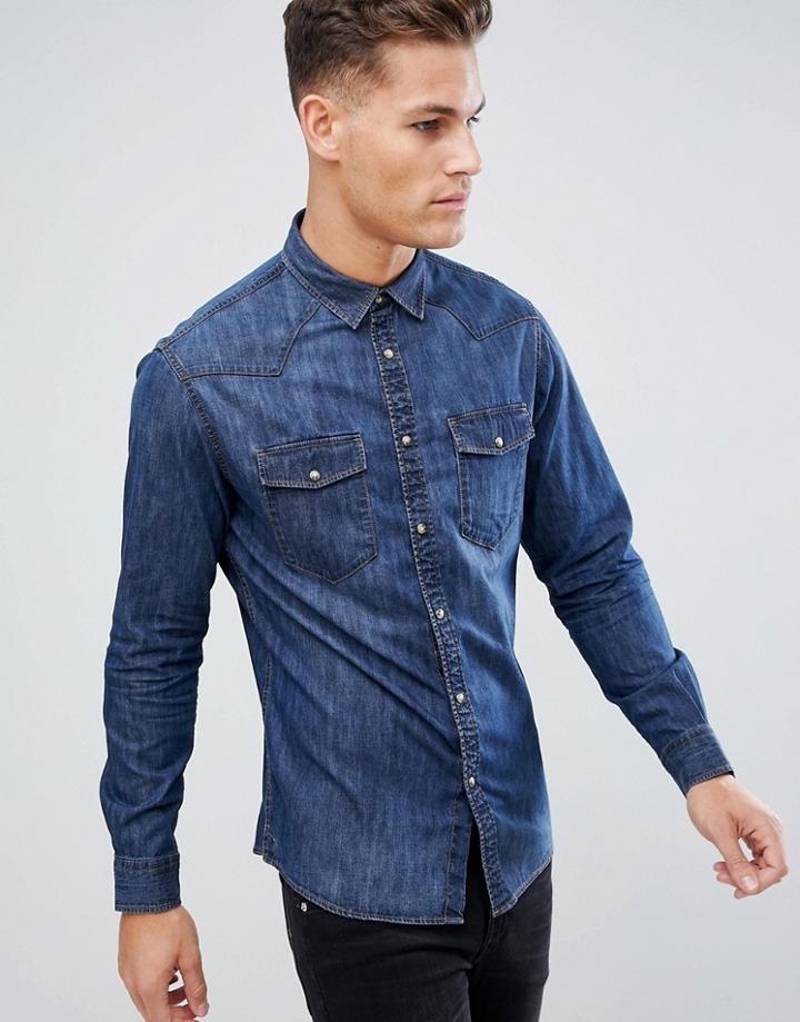 Celio Western Denim Shirt With Contrast Stitching - Black